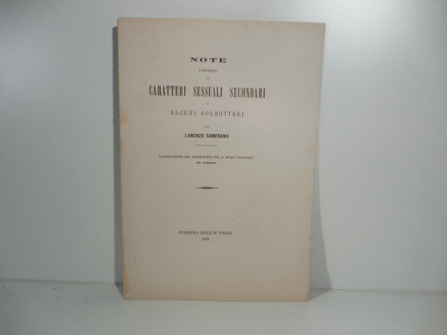 Note intorno ai caratteri sessuali secondari di alcuni coleotteri. Lavoro fatto nel Laboratorio del R. Museo zoologico di Torino